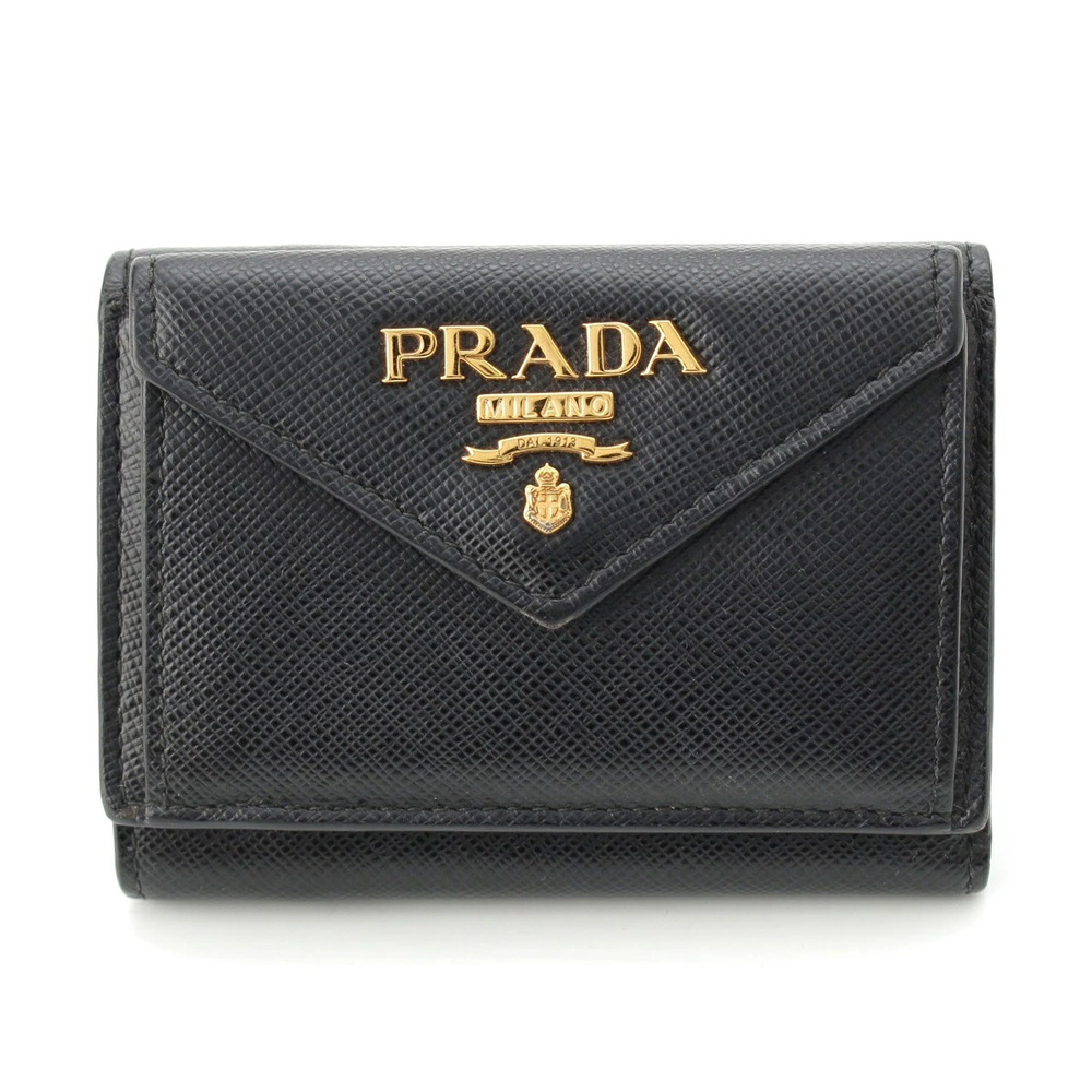 Prada Saffiano Compact Tri fold Wallet Black Gold